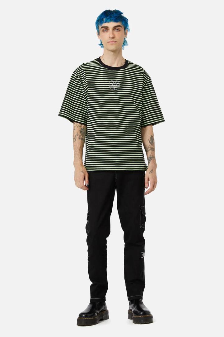 Image of a model wearing Tops. Productname: EVP Stripe Tee in Black/Green colour by brand - Black Friday