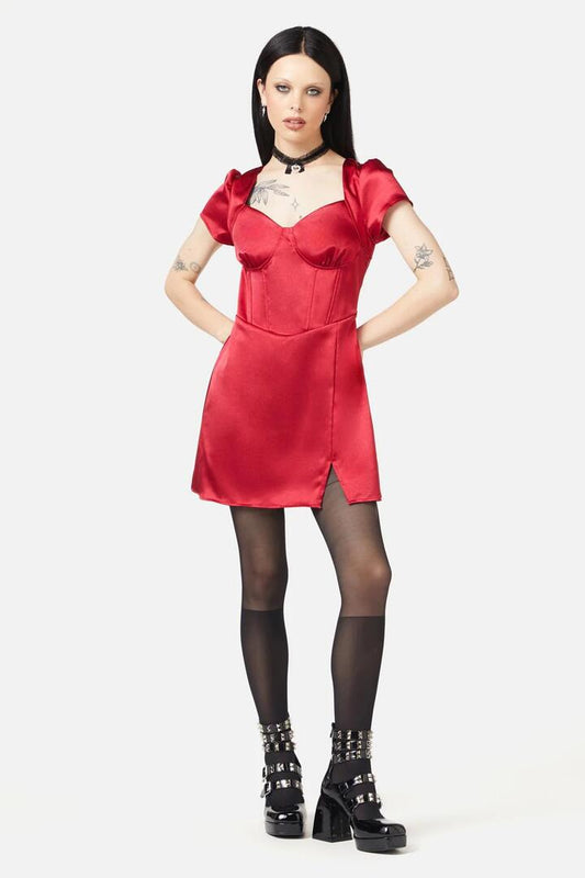 Image of a model wearing Dress. Productname: Wondering Mind Mini Dress in Red colour by brand - Black Friday