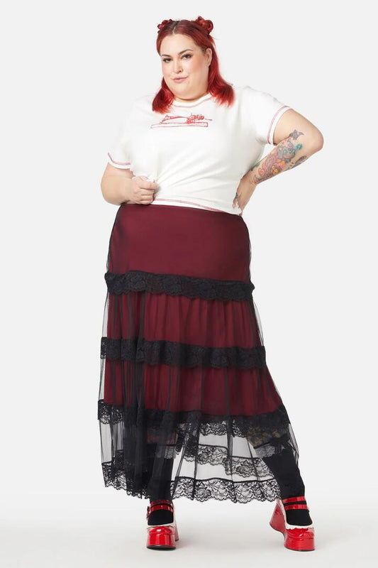 Image of a model wearing Skirts. Productname: Lock Picker Mesh Lace Skirt in Red colour by brand - Black Friday