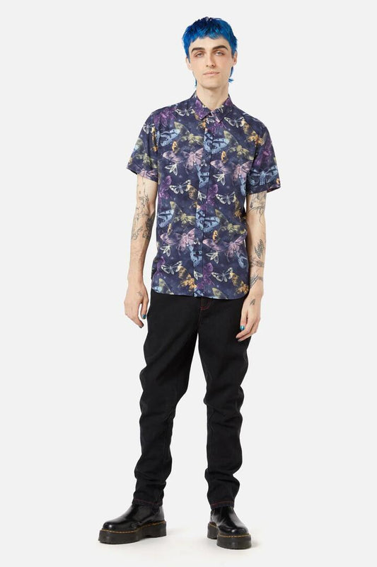 Image of a model wearing Tops. Productname: Lunar Moth SS Shirt in Navy colour by brand - Black Friday