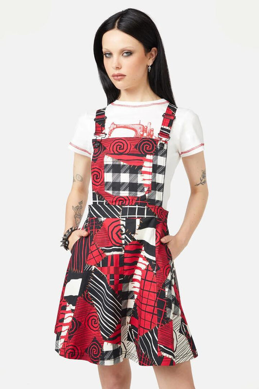Image of a model wearing Dress. Productname: Patched Up Pinafore in Multi colour by brand - Black Friday