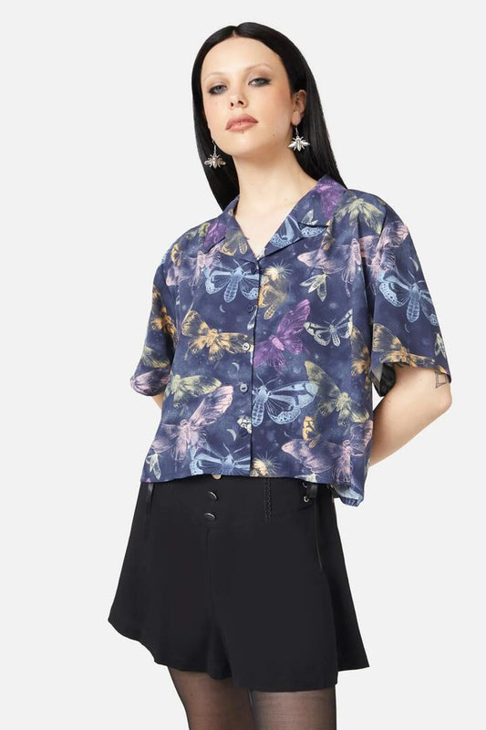 Image of a model wearing Tops. Productname: Lunar Moth Print Blouse in Navy colour by brand - Black Friday