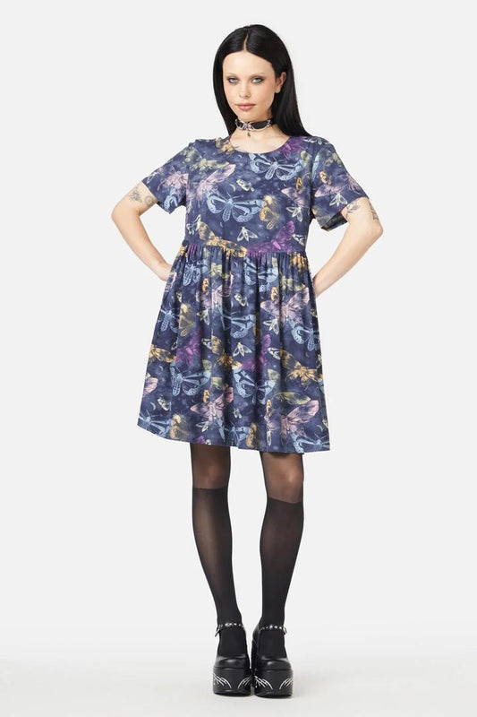 Image of a model wearing Dress. Productname: Lunar Moth Smock Dress in Navy colour by brand - Black Friday
