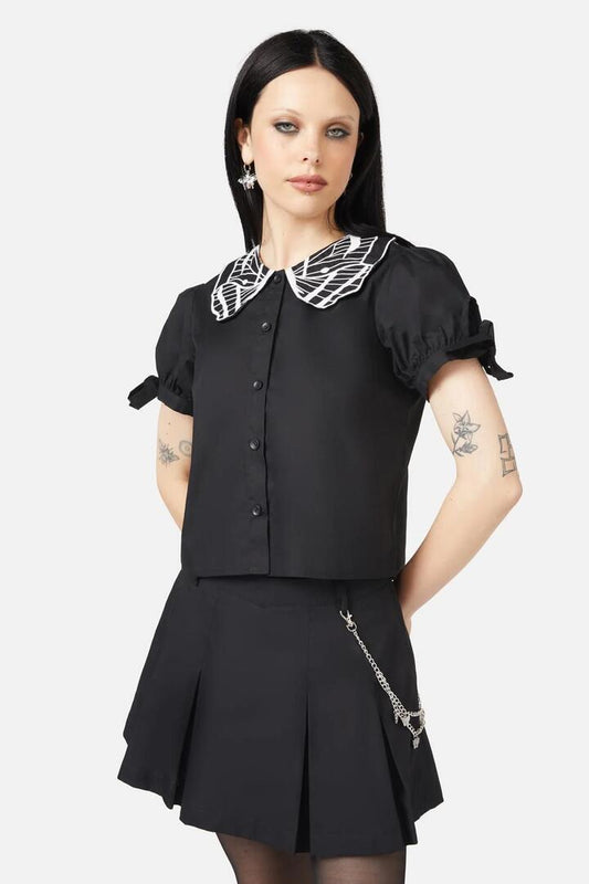 Image of a model wearing Tops. Productname: Moth Wing Collar Blouse in Black colour by brand - Black Friday