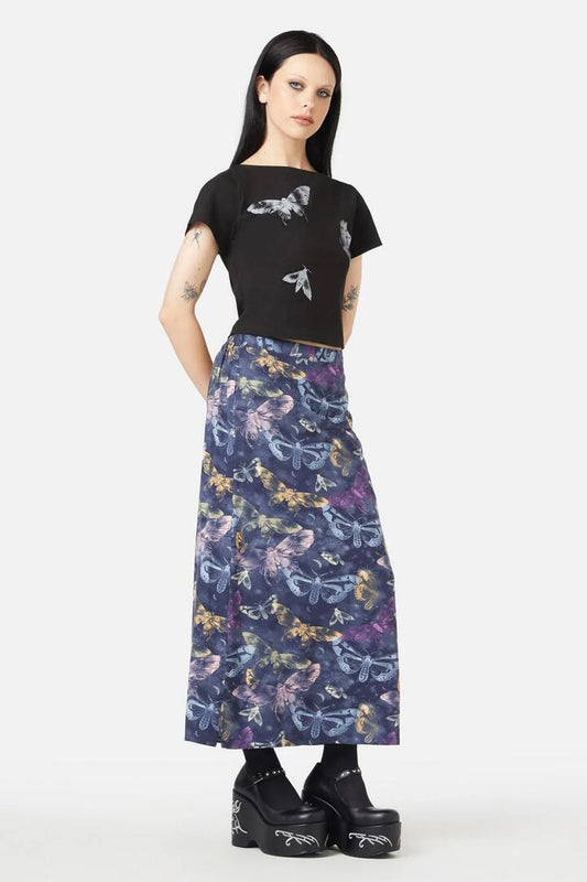 Image of a model wearing Skirts. Productname: Lunar Moth Print Maxi Skirt in Navy colour by brand - Black Friday