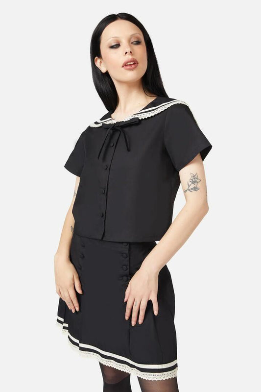 Image of a model wearing Tops. Productname: Rebirth Sailor Top in Black colour by brand - Black Friday