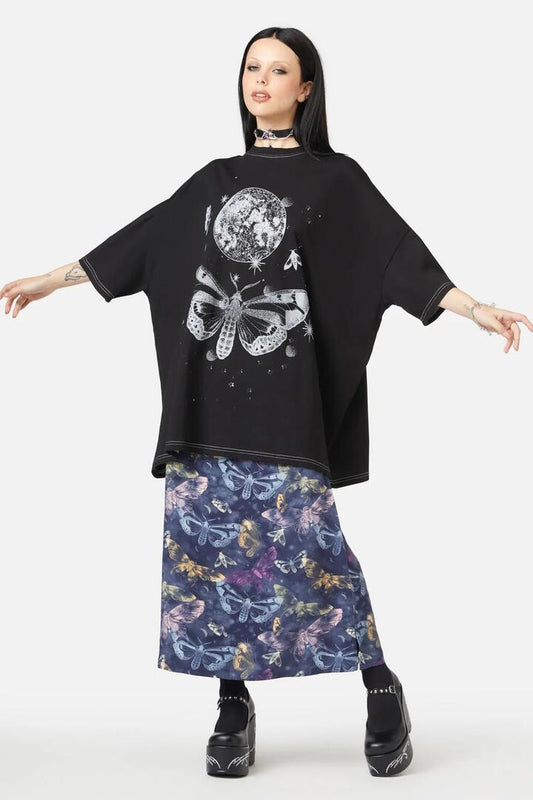 Image of a model wearing Tops. Productname: Mega Moth OS Tee in Black colour by brand - Black Friday