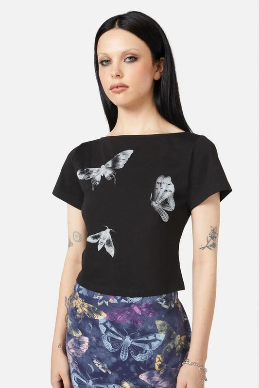 Image of a model wearing Tops. Productname: Rebirth Tee in Black colour by brand - Black Friday