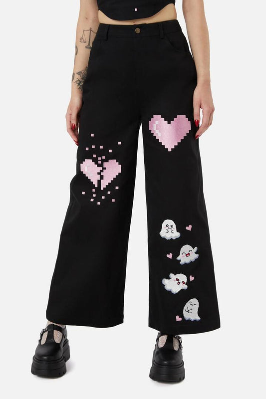 Image of a model wearing Pants. Product name - Ghostie Embroidered Pant in Black colour by brand - Black Friday