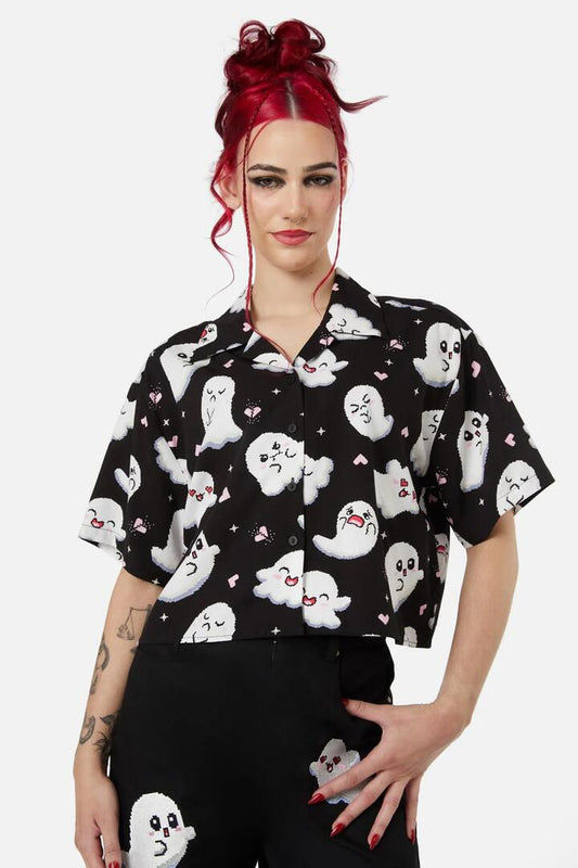 Image of a model wearing Tops. Productname: Ghostie Print Blouse in Black colour by brand - Black Friday