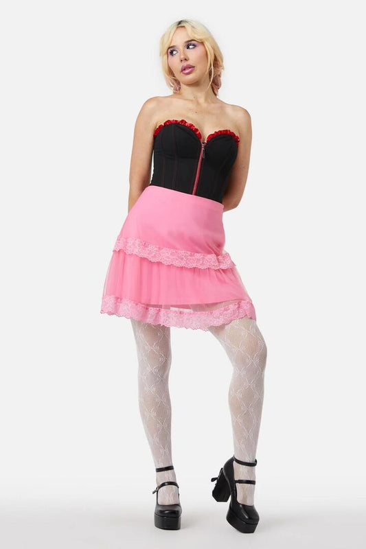 Image of a model wearing Skirts. Productname: Love Letter Lace Skirt in Pink colour by brand - Dangerfield