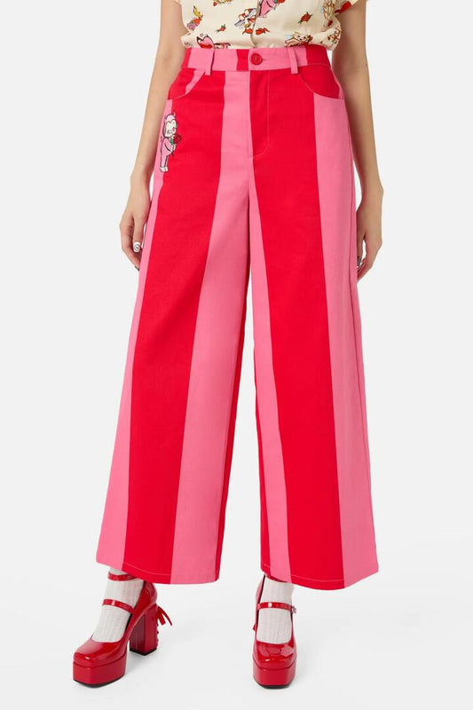 Image of a model wearing Pants. Productname: Love Letter Wide Leg Pants in Pink/Red colour by brand - Dangerfield