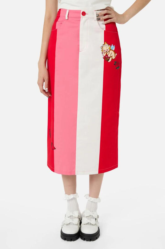 Image of a model wearing Skirts. Productname: Love Letter Midi Skirt in Pink/Red colour by brand - Dangerfield