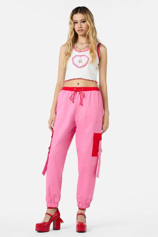 Image of a model wearing Pants. Productname: Love Letter Pocket Cargo in Pink colour by brand - Dangerfield