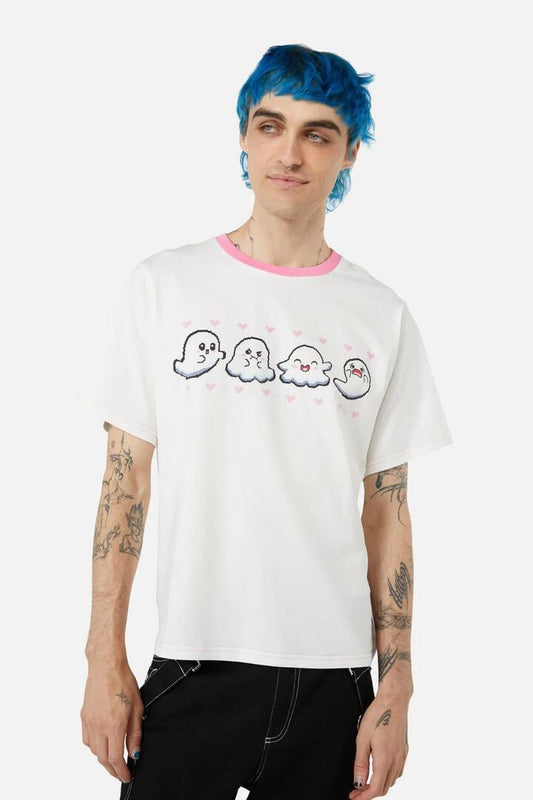 Image of a model wearing Tops. Productname: Ghost Hearts Tee in Cream colour by brand - Black Friday