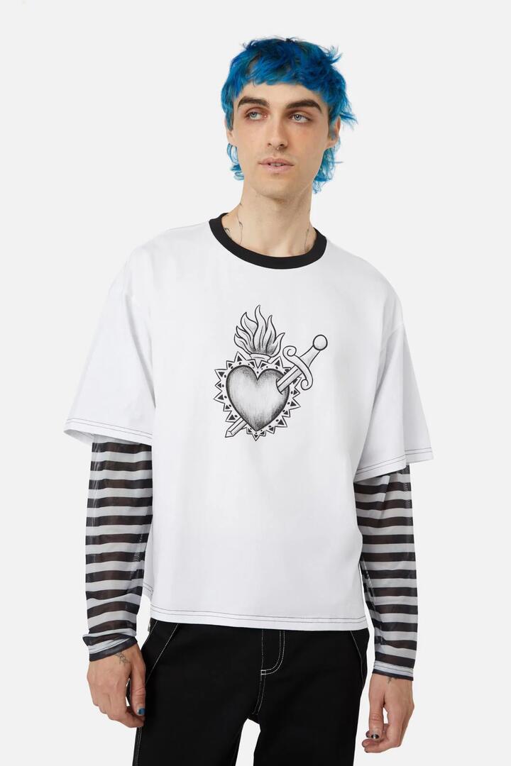 Image of a model wearing Tops. Productname: Immaculate Contrast LS Tee in White colour by brand - Dangerfield