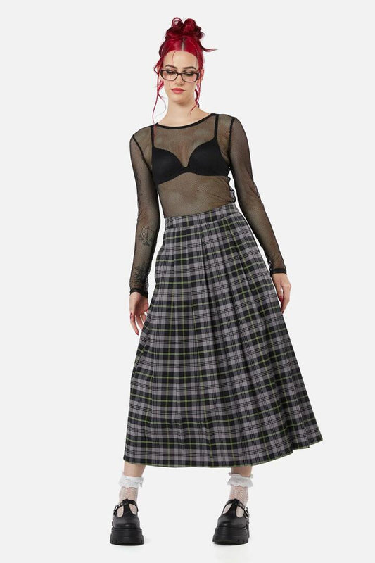 Image of a model wearing Skirts. Productname: Encounter Tartan Midi Skirt in Black/Green colour by brand - Black Friday