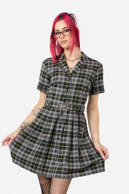 Image of a model wearing Dress. Productname: Encounter Tartan Dress in Black/Green colour by brand - Black Friday