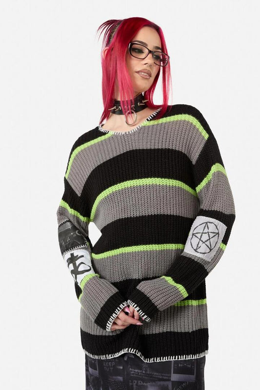 Image of a model wearing Outerwear. Productname: Hunter Oversized Knit Jumper in Multi colour by brand - Black Friday