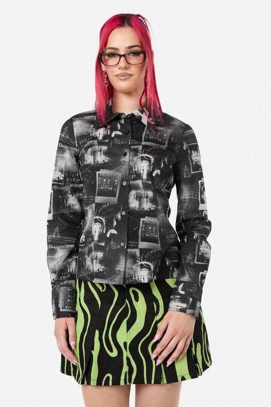 Image of a model wearing Tops. Productname: Possess Print Blouse in Black colour by brand - Black Friday