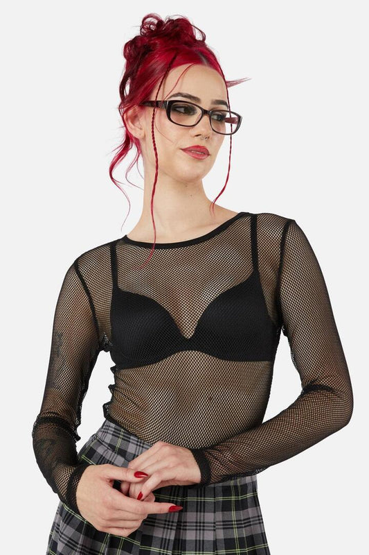 Image of a model wearing Tops. Productname: Unsolved Fishnet Top in Black colour by brand - Black Friday