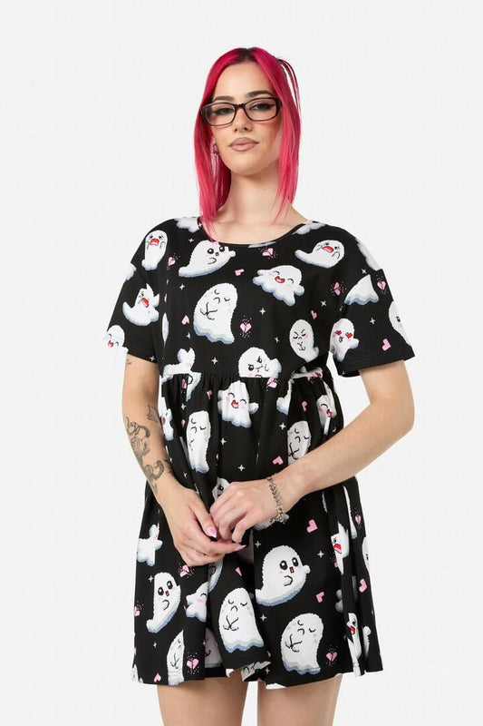Image of a model wearing Dress. Productname: Ghostie Print Dress in Black colour by brand - Black Friday