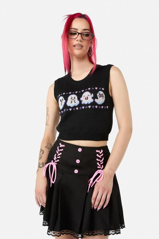 Image of a model wearing Tops. Productname: Ghostie Knit Vest in Black colour by brand - Black Friday
