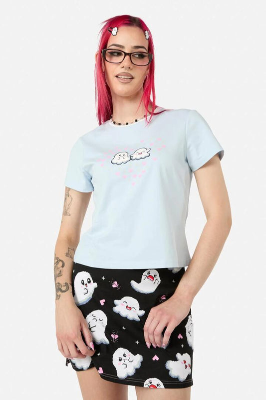 Image of a model wearing Tops. Productname: Ghostie Fitted Tee in Blue colour by brand - Black Friday