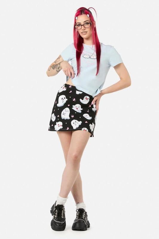 Image of a model wearing Skirts. Productname: Ghostie Print Skort in Black colour by brand - Black Friday