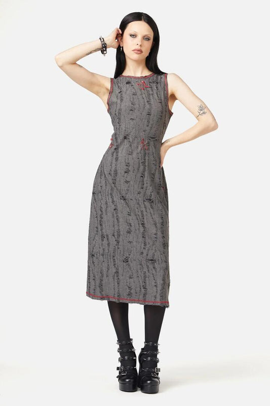 Image of a model wearing Dress. Productname: Lock Picker Distressed Dress in Grey colour by brand - Black Friday