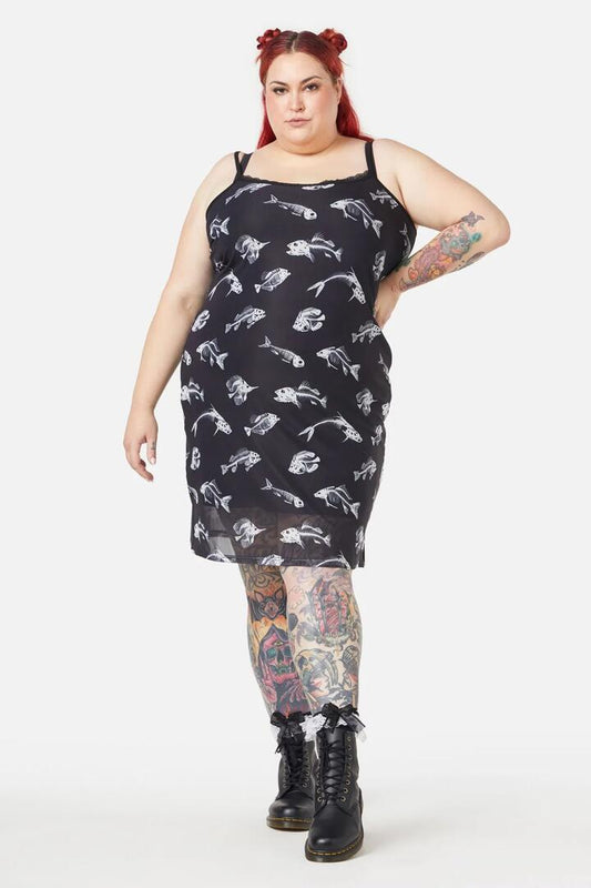 Image of a model wearing Dress. Productname: Curve Deep Dive Dress in Black colour by brand - Dangerfield