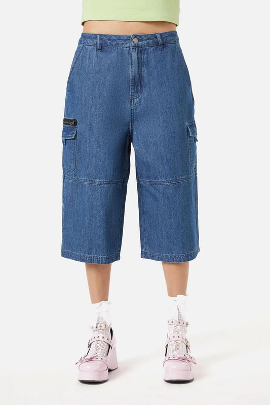 Image of a model wearing Denim. Productname: Sandbank Jean Short in Blue colour by brand - Dangerfield