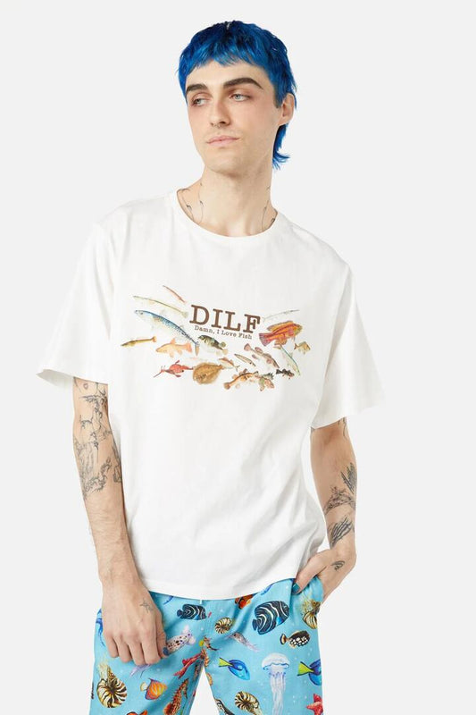Image of a model wearing Tops. Productname: Dilf Tee in Cream colour by brand - Dangerfield