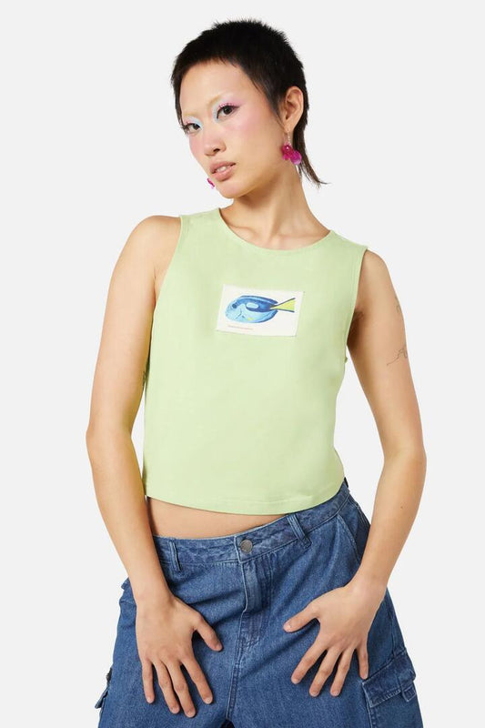 Image of a model wearing Tops. Productname: Dory Tank in Green colour by brand - Dangerfield