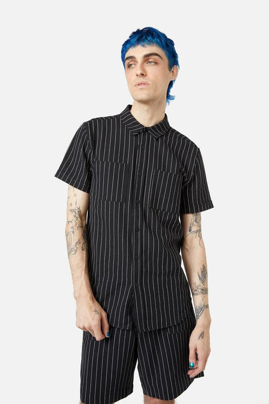 Image of a model wearing Tops. Productname: Sew Much Fun Stripe SS Shirt in Black colour by brand - Black Friday