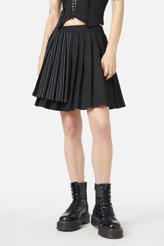 Image of a model wearing Skirts. Productname: Sew Much Fun Stripe Mini Skirt in Black/White colour by brand - Black Friday