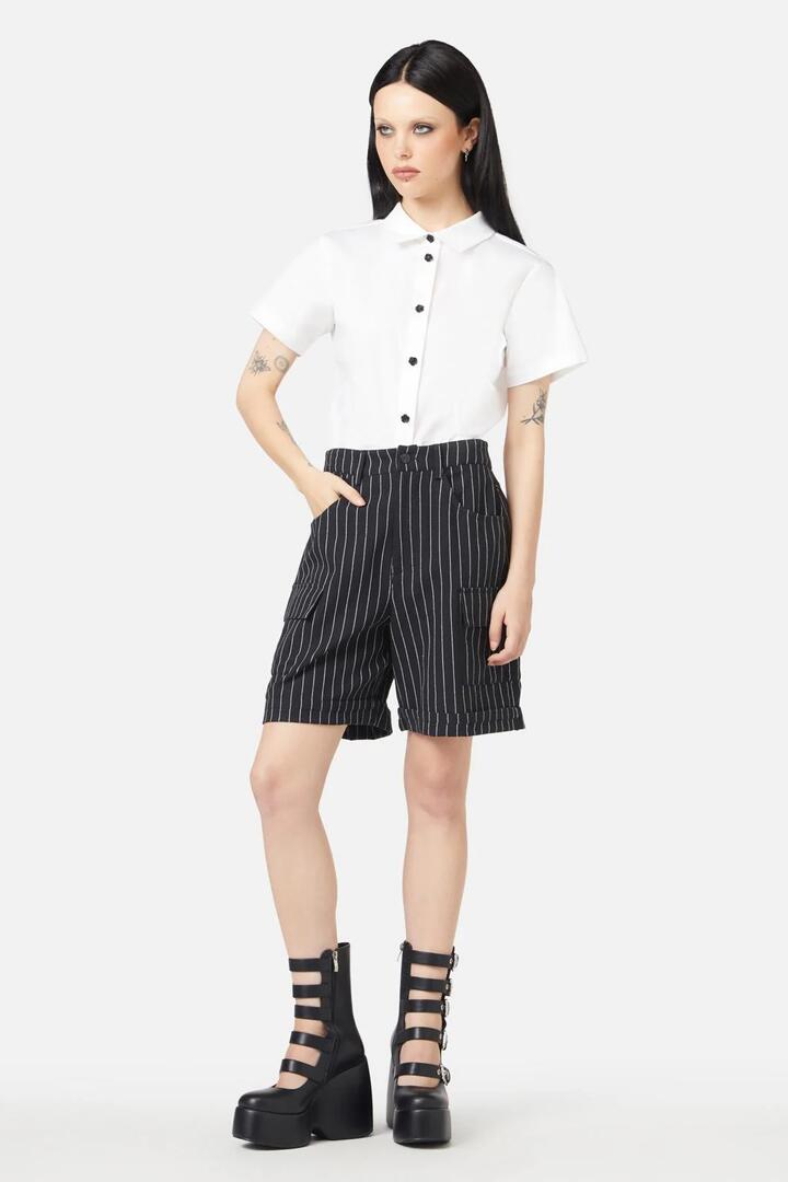 Image of a model wearing Shorts. Productname: Sew Much Fun Stripe Shorts in Black colour by brand - Black Friday