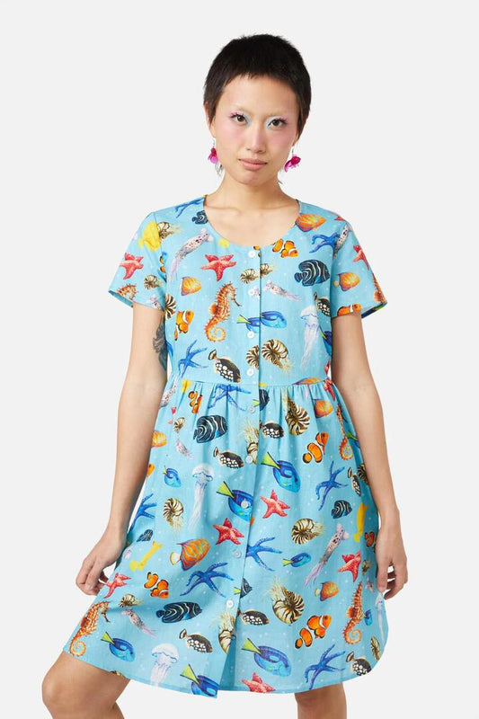 Image of a model wearing Dress. Productname: Oceanic Dress in Blue colour by brand - Dangerfield
