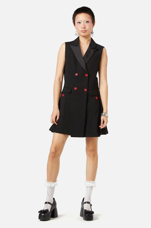 Image of a model wearing Dress. Productname: Queen Of Cats Pinafore in Black colour by brand - Dangerfield