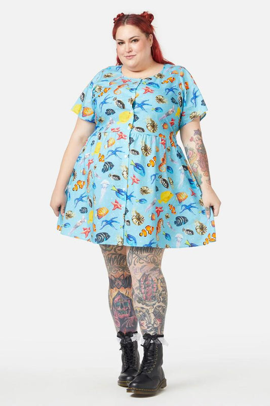 Image of a model wearing Dress. Productname: Curve Oceanic Dress in Blue colour by brand - Dangerfield