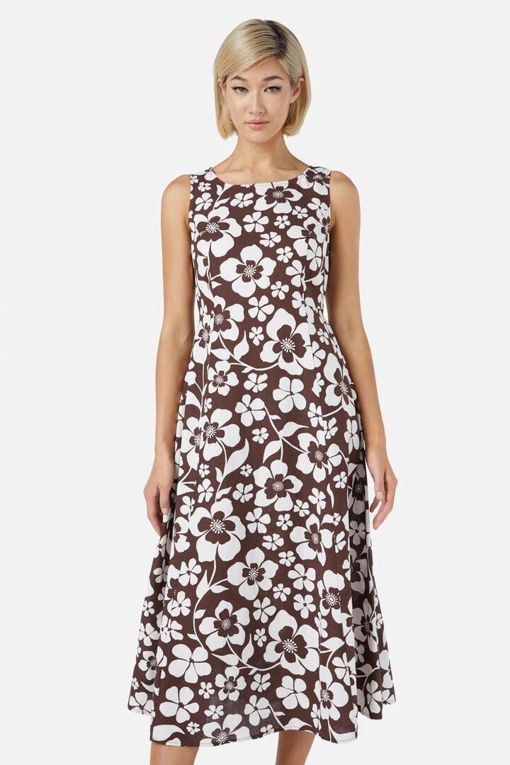 Image of a model wearing Dress. Productname: Cecilia Midi Dress in Chocolate colour by brand - Princess Highway