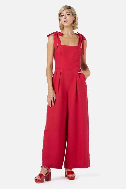 Image of a model wearing Outerwear. Productname: Portia Jumpsuit in Cherry colour by brand - Princess Highway