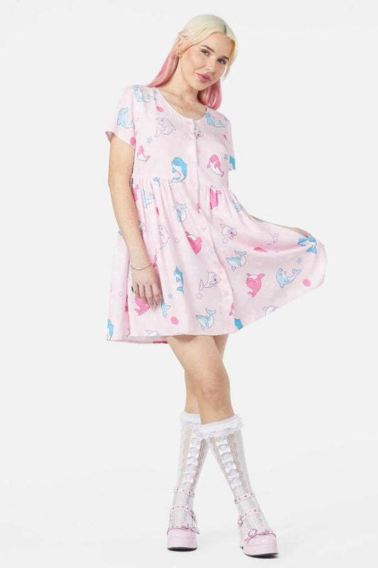 Image of a model wearing Dress. Productname: Dolphin Pod Dress in Pink colour by brand - Dangerfield