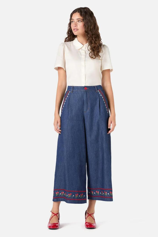 Image of a model wearing Pants. Productname: Meadow Embroidered Culotte in Blue Denim colour by brand - Princess Highway
