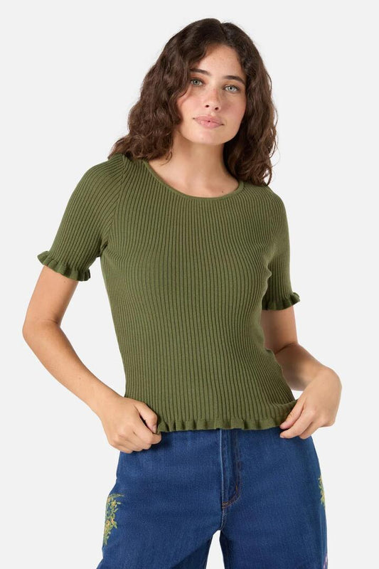 Image of a model wearing Tops. Productname: Maya Ruffle Rib Knit Top in Olive colour by brand - Princess Highway