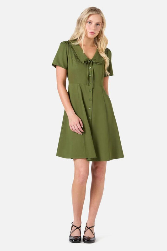 Image of a model wearing Dress. Productname: Dorothy Collared Mini Dress in Green colour by brand - Princess Highway