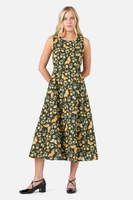 Image of a model wearing Dress. Productname: Yvette Butterfly Midi Dress in Yellow colour by brand - Princess Highway