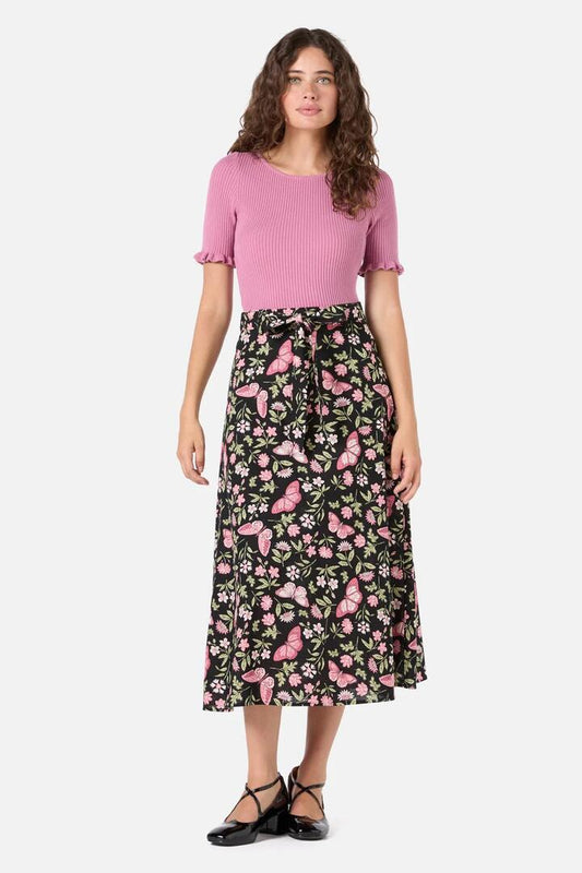 Image of a model wearing Skirts. Productname: Yvette Butterfly Midi Skirt in Pink colour by brand - Princess Highway