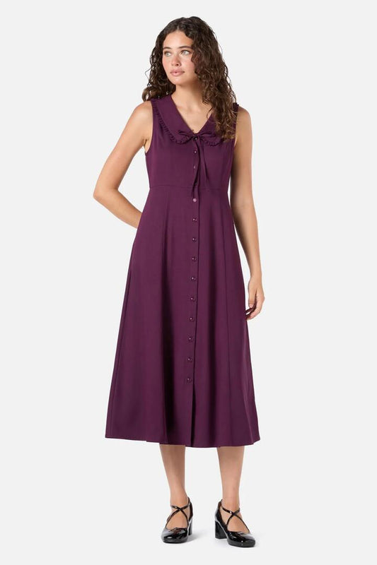 Image of a model wearing Dress. Productname: Dorothy Collared Midi Dress in Plum colour by brand - Princess Highway
