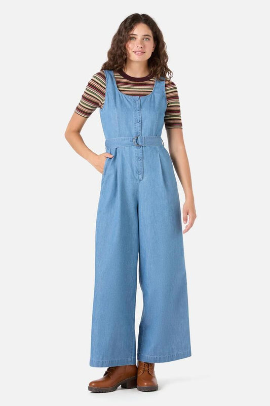 Image of a model wearing Denim. Productname: Blythe Denim Jumpsuit in Light Denim colour by brand - Princess Highway